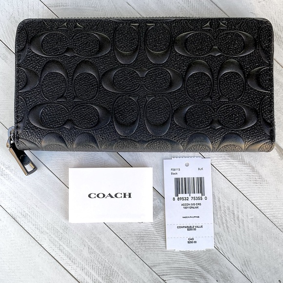 NWT COACH Long Zip Up Continental Wallet | Embossed Coach Logo Black Leather - Picture 1 of 10